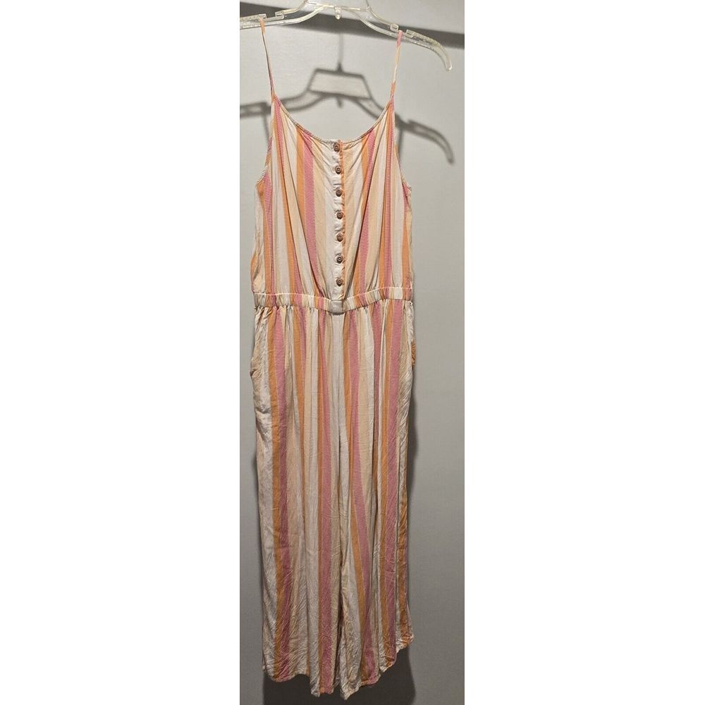 Striped Button-Front Maxi Jumpsuit in Pastel Pink and Peach Summer Beach‎ Romper
